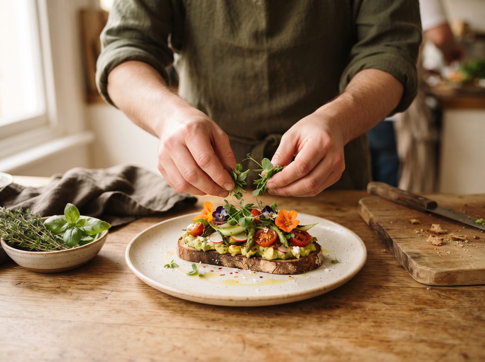 Chef finishing a vegetable toast with microgreens