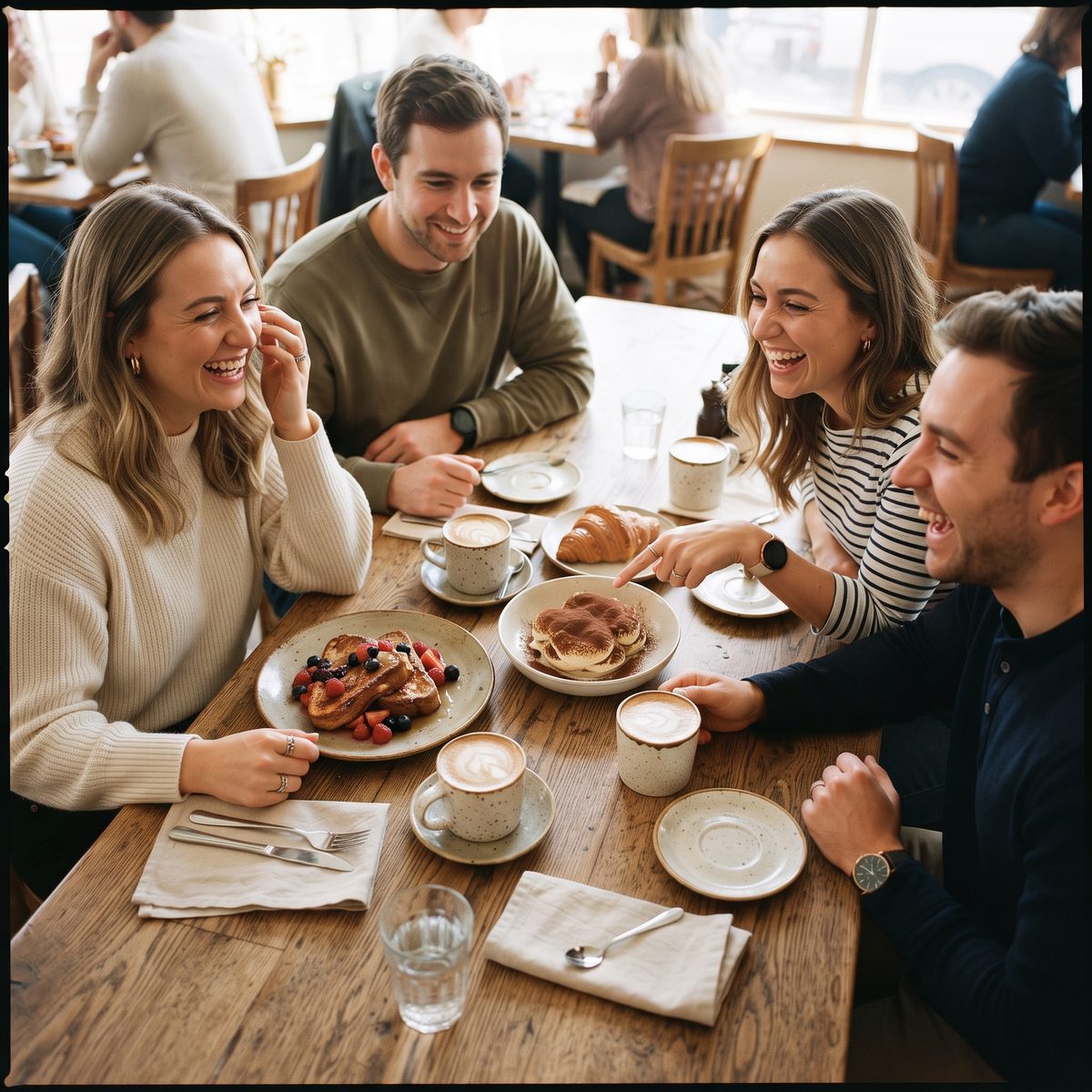 Friends laughing over coffee and pastries at LUMIÈRE