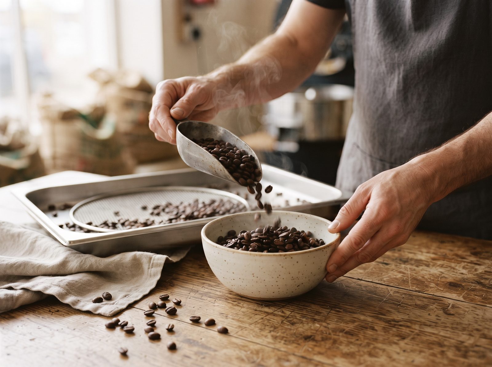 Barista scooping freshly roasted beans into a ceramic bowl